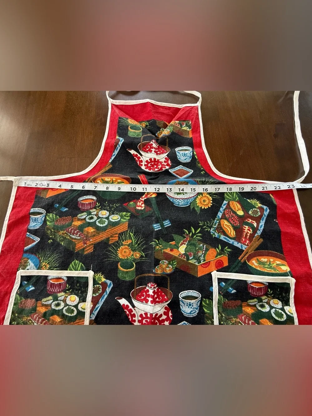 Asian Tea & Sushi Print Kitchen Apron Black Red 2 Pocket Cooking Baking